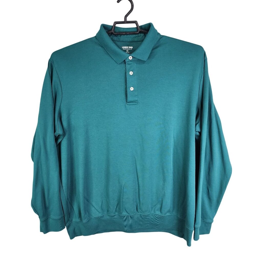 Mens Green Land's End Traditional Fit Polo Shirt Long Sleeve 100% Cotton XXL